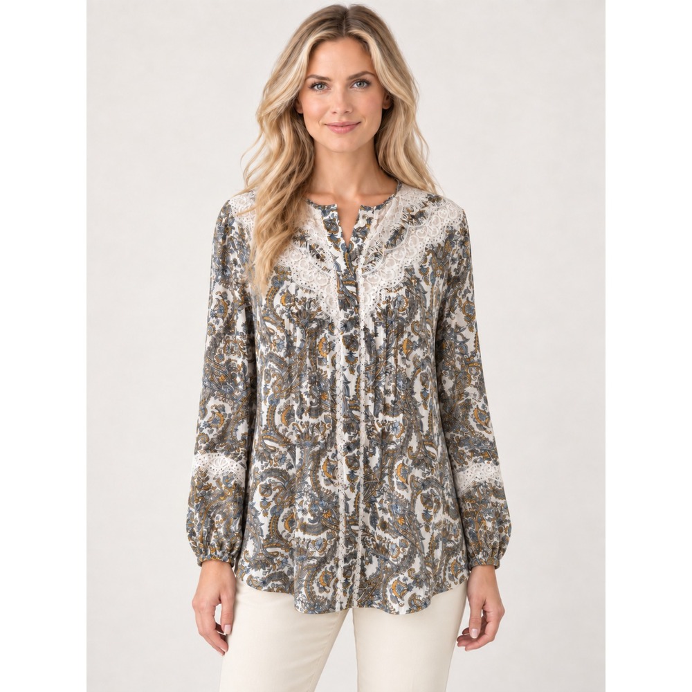 Kobi Halperin Chrissy Paisley Lace Trim Bell Sleeve Blouse Small NWT